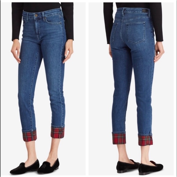 Lauren Ralph Lauren Premier Straight Ankle Plaid Cuff Jeans Sz 12 - Picture 4 of 16